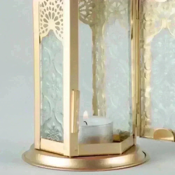 Handmade Medium Metal and Etched Glass Tea Light Hanging Lantern in Classic Gold - Picture 4 of 5